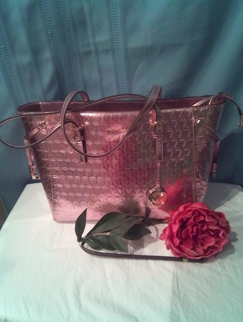 Michael Kors Powder Pink Rose Metallic Quilted Tote Handbag